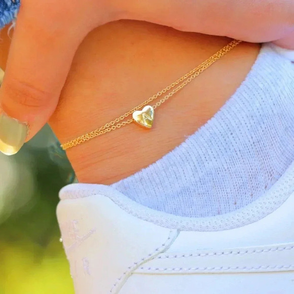 GOLD INITIAL ANKLET ❤️HEART CHARM PERSONALIZED DOUBLE LAYER DAINTY, ELDM22105A - Picture 8 of 13